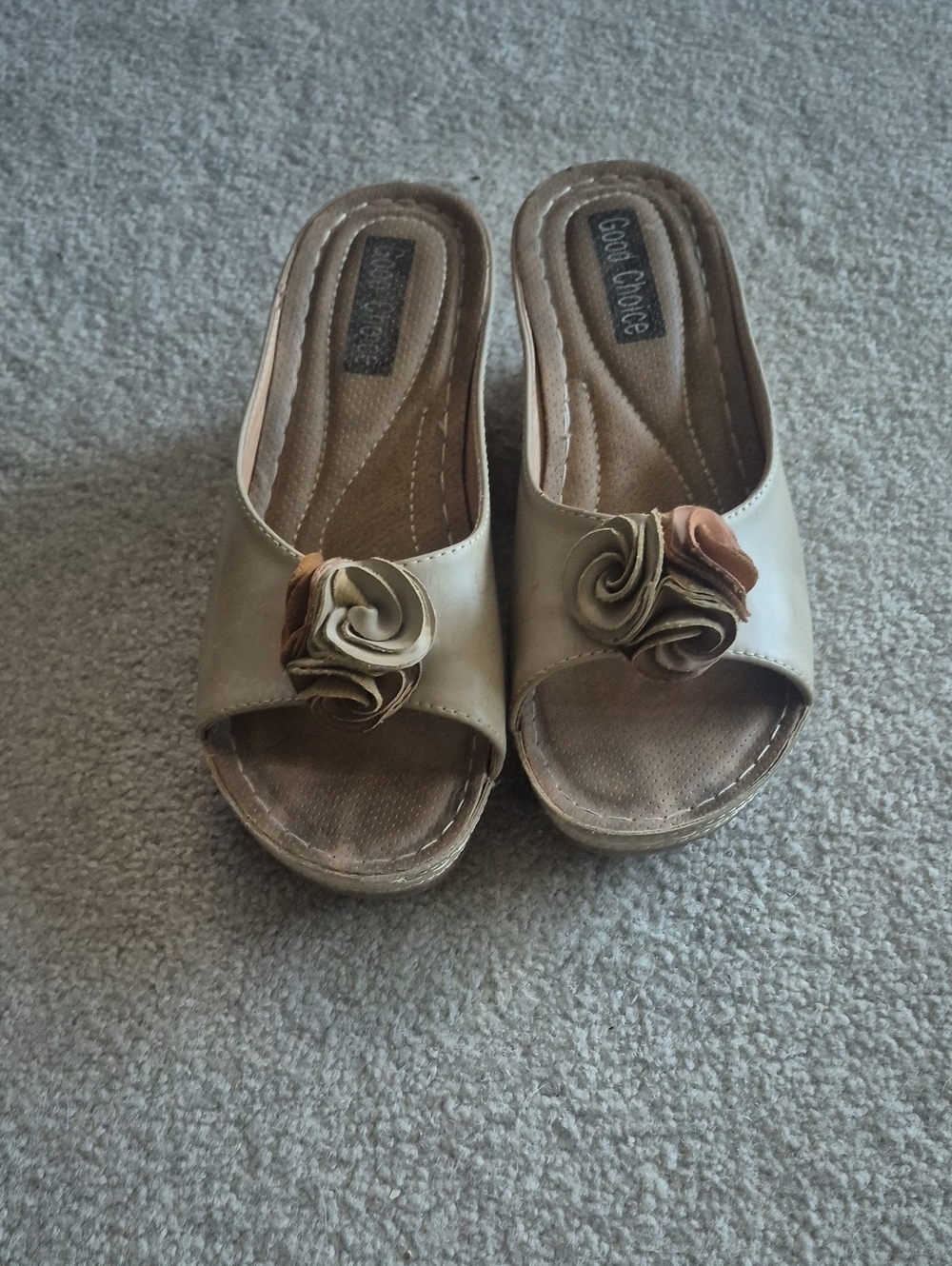 Good Chic Beige and Brown Slide Mules with Rosette Detail